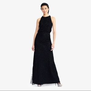 ART DECO BEADED BLOUSON DRESS WITH HALTER NECKLINE IN BLACK BLACK